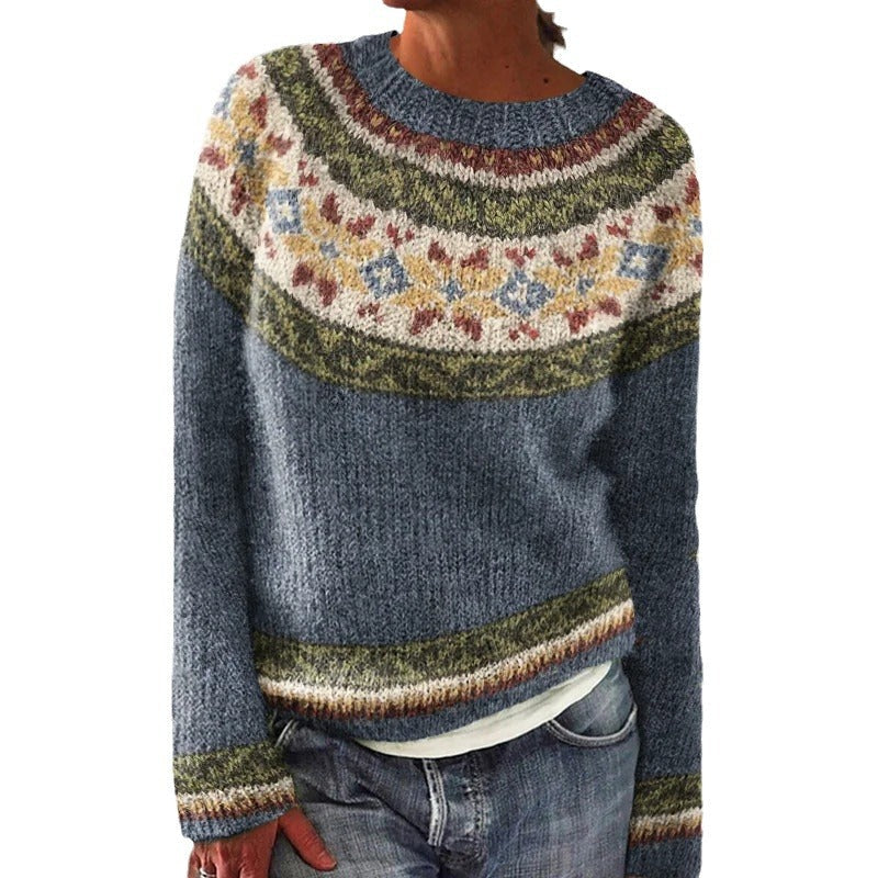 Damen Pullover Floralmuster Jacquard Weites Design Beige