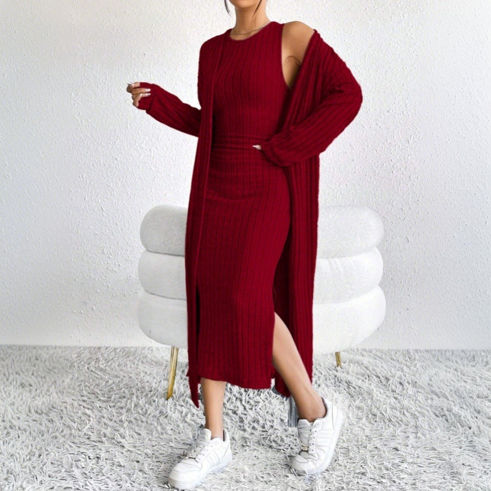 Damen Strickkleid Langärmlig mit Cardigan und Seitenschlitz