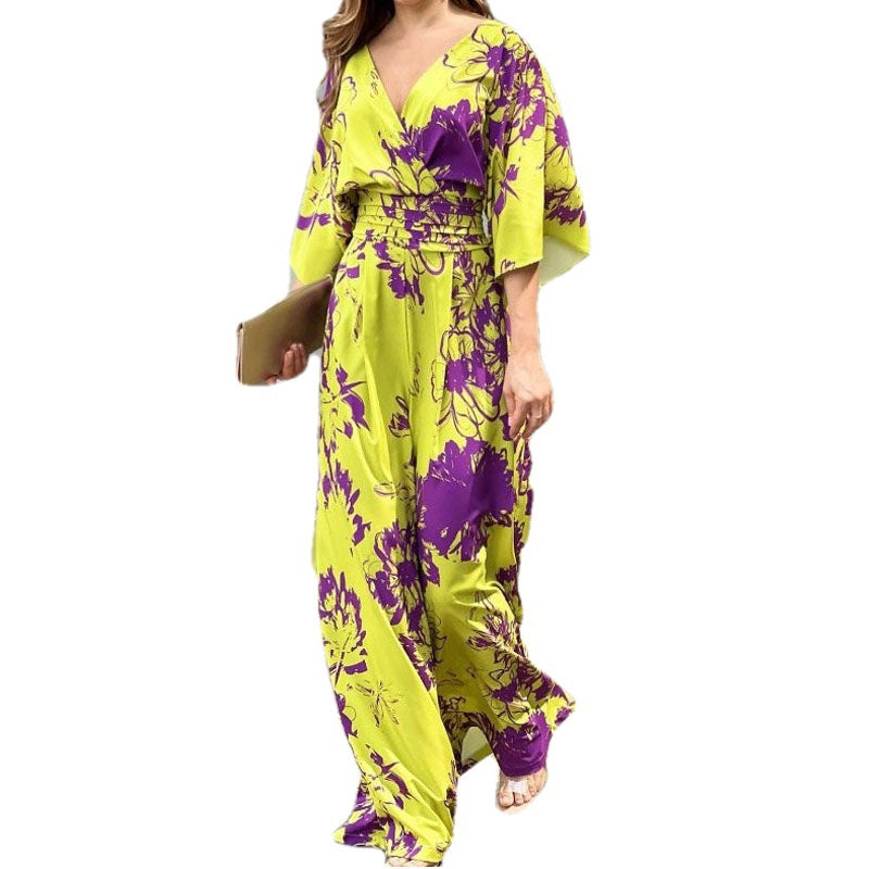 Damen Jumpsuit Florales Design Weite Beinöffnung