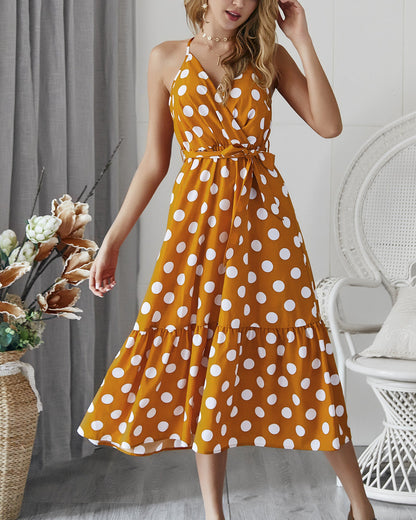 Damen Maxikleid Polka-Dots Rüschen Eveloria