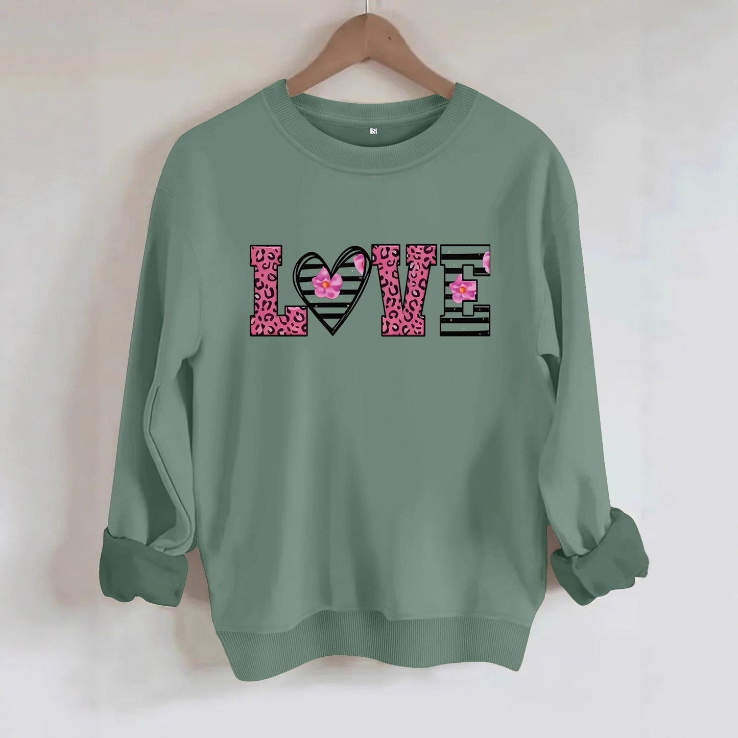 Damen Sweatshirt Leopardenherz-Design Komfortschnitt Grau
