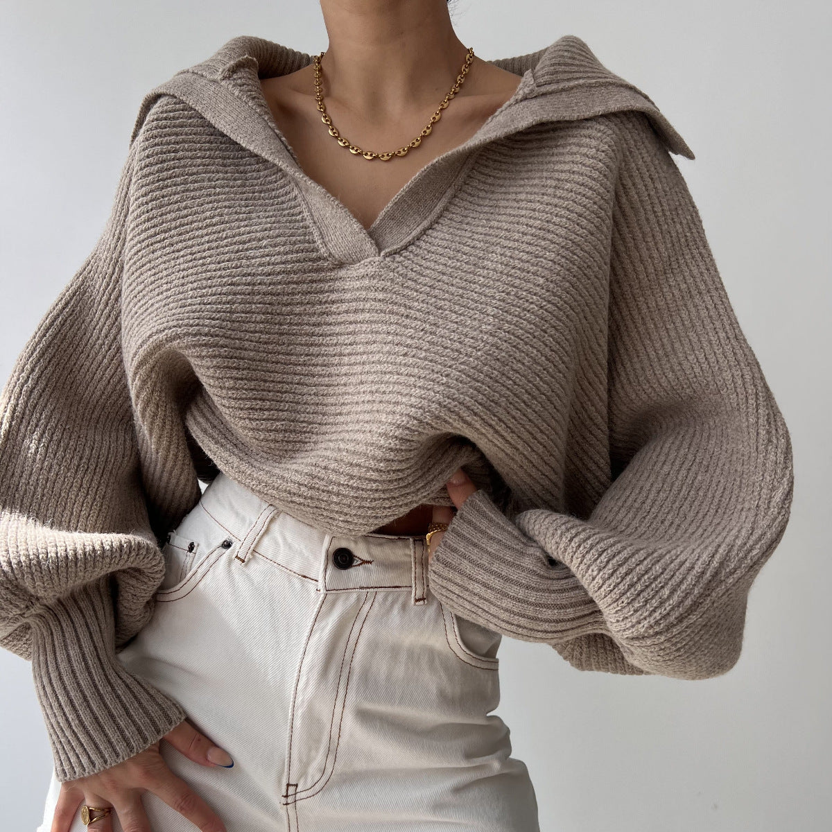 Damen Strickpullover Oversized Kuschelig Beige
