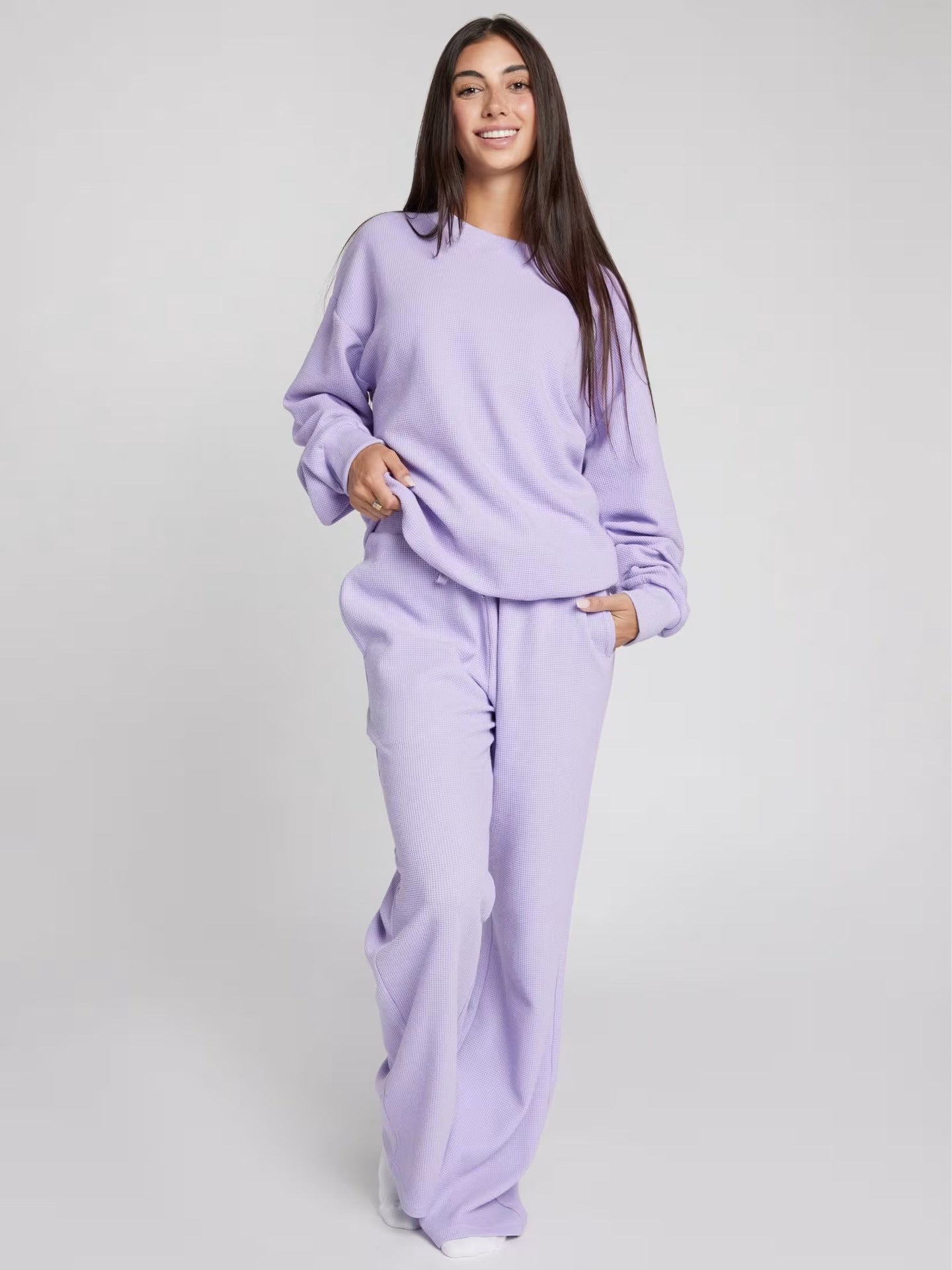 Damen Sweatshirt Waffelmuster Bequem Grau Eveloria
