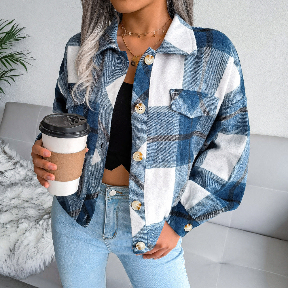 Damen Karo Overshirt mit Druckknöpfen und Brusttaschen