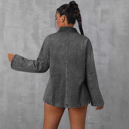 Damen Oversized Denimbluse Lässiger Kragen Blau