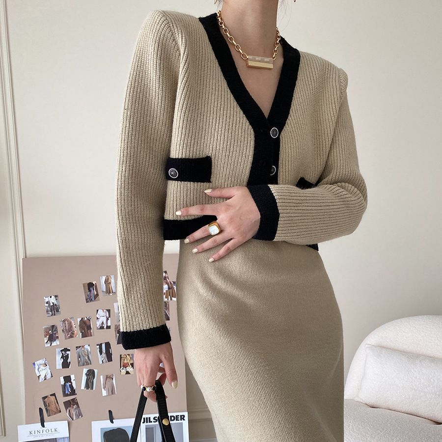 Damen Strickjacke Kontrastdetails Knöpfe Eveloria