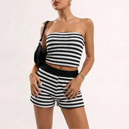 Damen Cropped Bikini-Set Gestreift Hoher Bund - Eveloria