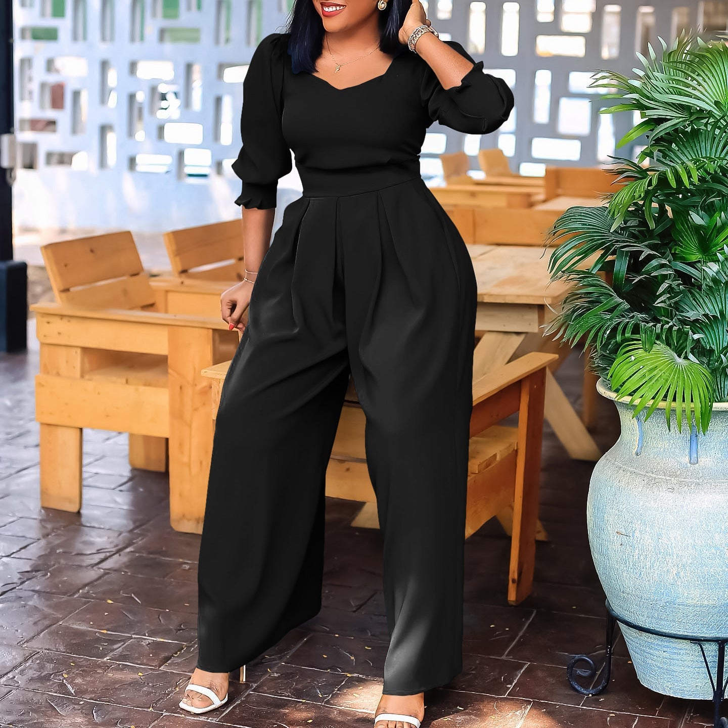 Damen Jumpsuit V-Ausschnitt Tailliert Eveloria