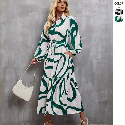 Damen Langarmkleid Musterdruck mit Bindegürtel Schwarz - Eveloria