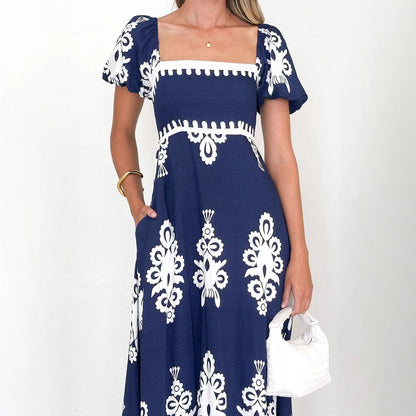 Damen Maxikleid Puffärmel Grafisches Muster Eveloria