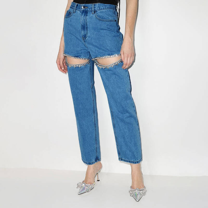 Damen Destroyed Jeans mit Applikationen Glitzer Effekt Eveloria
