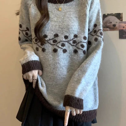 Damen Strickpullover Weich Floralmuster Kontrastspitzen