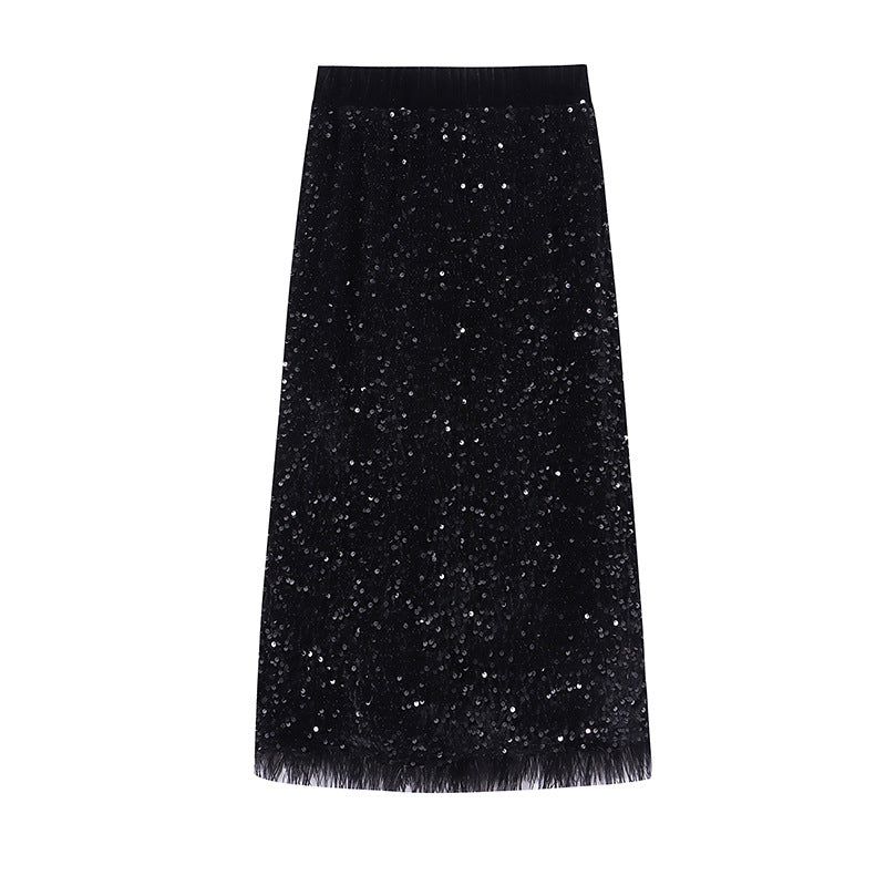 Damen Midirock Pailletten Geraffter Saum Eveloria