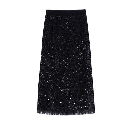 Damen Midirock Pailletten Geraffter Saum Eveloria