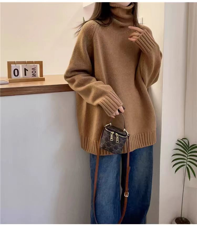 Damen Grobstrickpullover Stehkragen Schlitzen