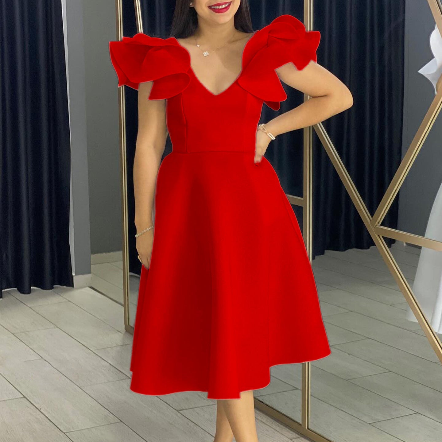 Damen Midi-Kleid Voluminöse Rüschenärmel Weit Schwingender Rock
