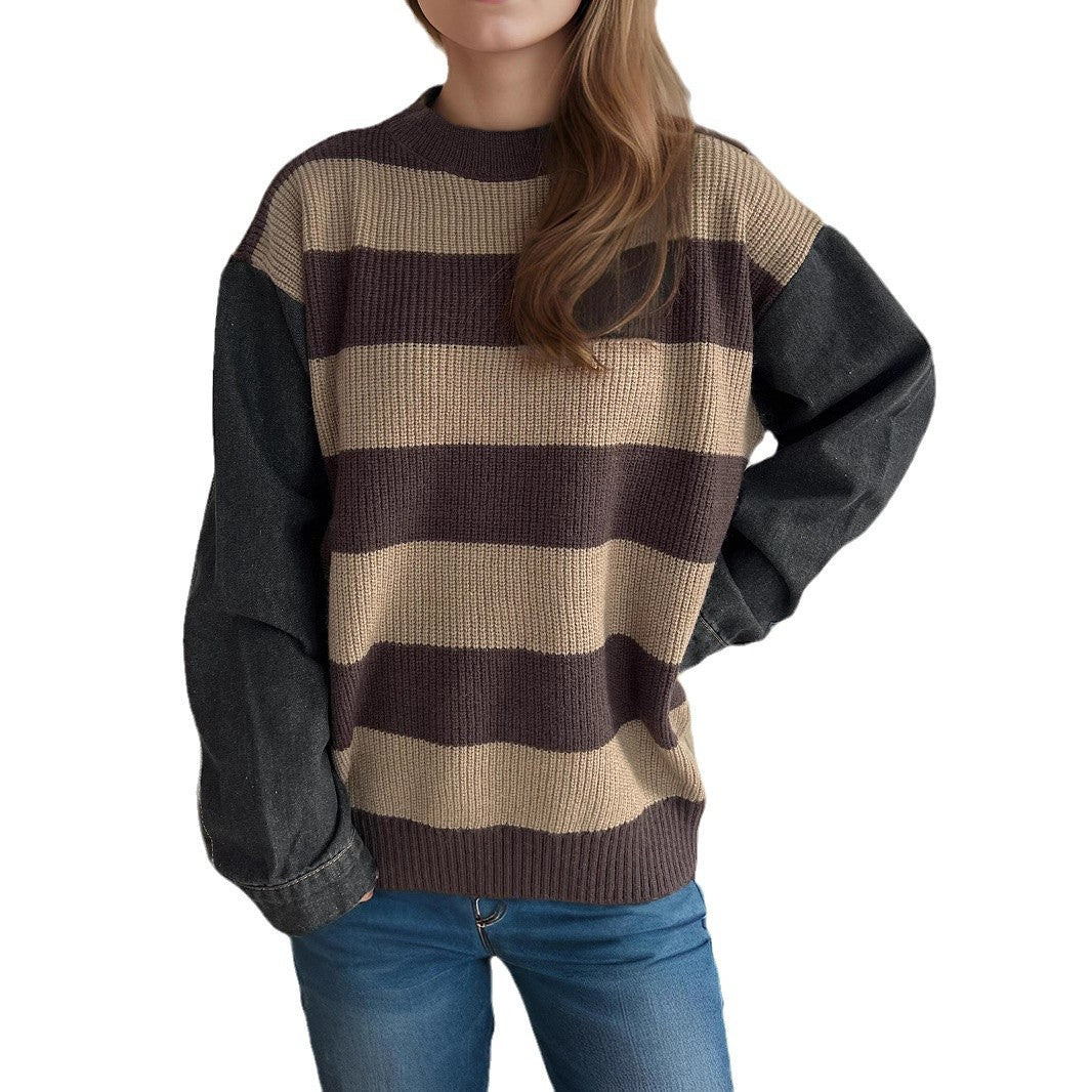 Damen Oversized Pullover Streifen Weiches Baumwoll-Mix Beige