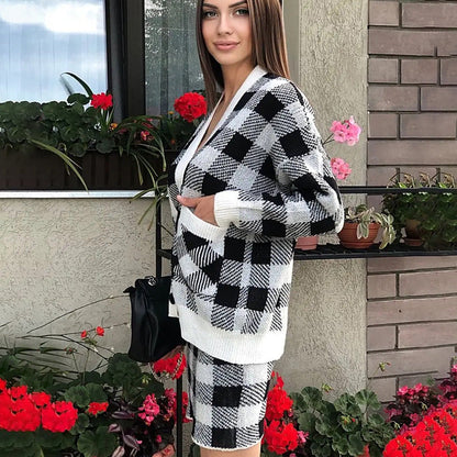 Damen Strickensemble Karomuster Mit Taschen