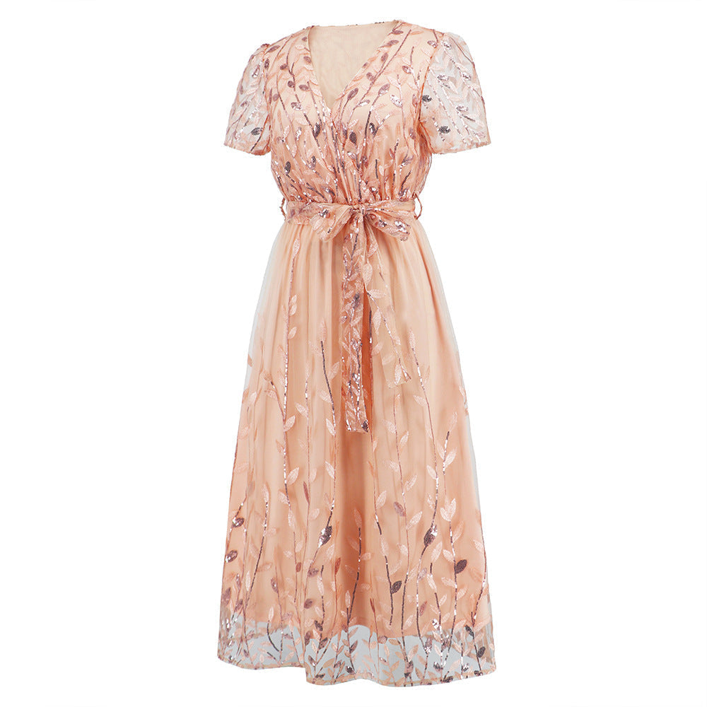 Eveloria Damen Midi Kleid V-Ausschnitt Gürtel Kurzärmelig