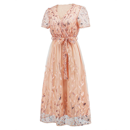 Eveloria Damen Midi Kleid V-Ausschnitt Gürtel Kurzärmelig