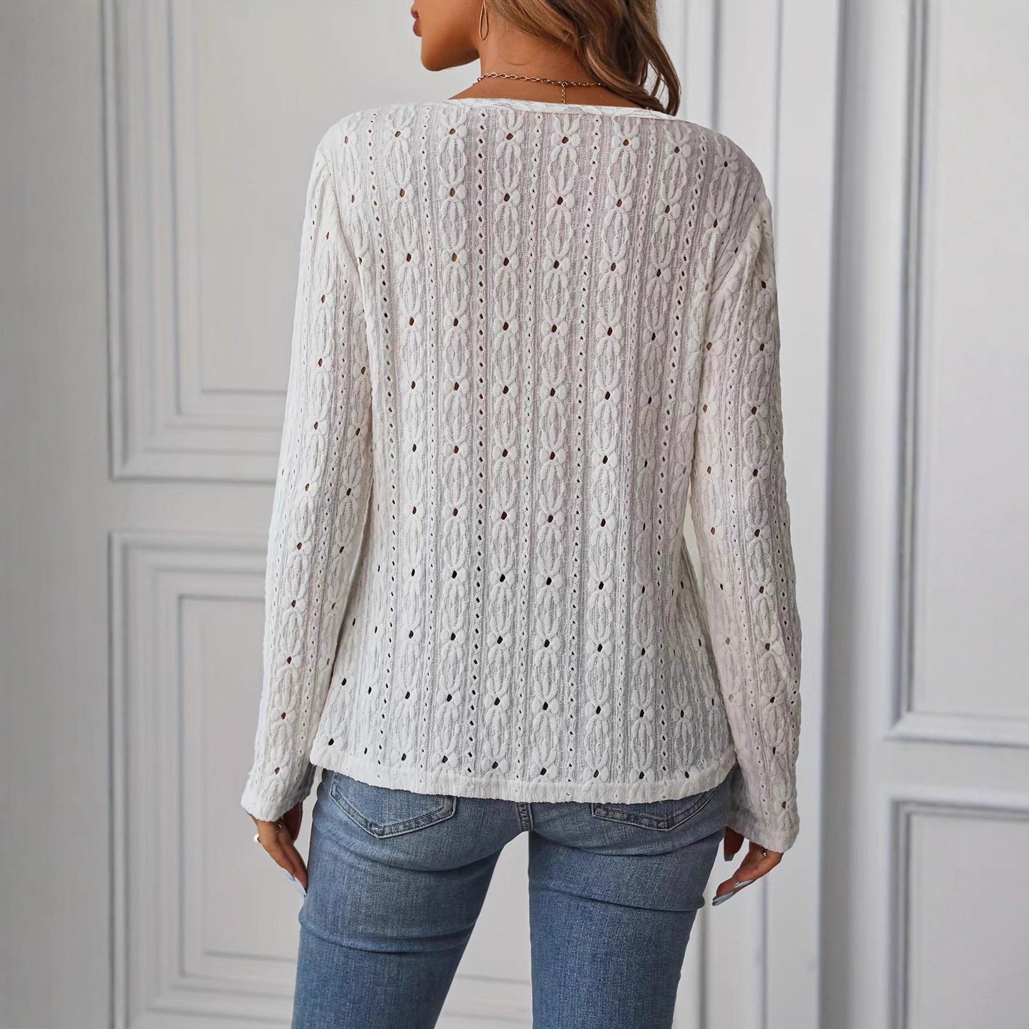 Damen Langarmshirt Dekorative Knöpfe Struktur Eveloria
