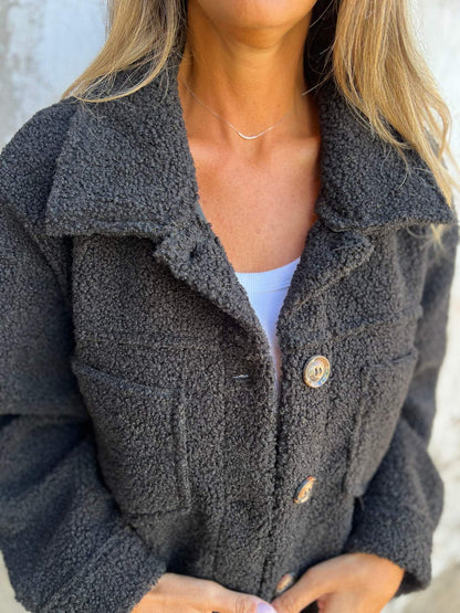 Damen Oversized-Jacke Flauschig mit Taschen und Knöpfen