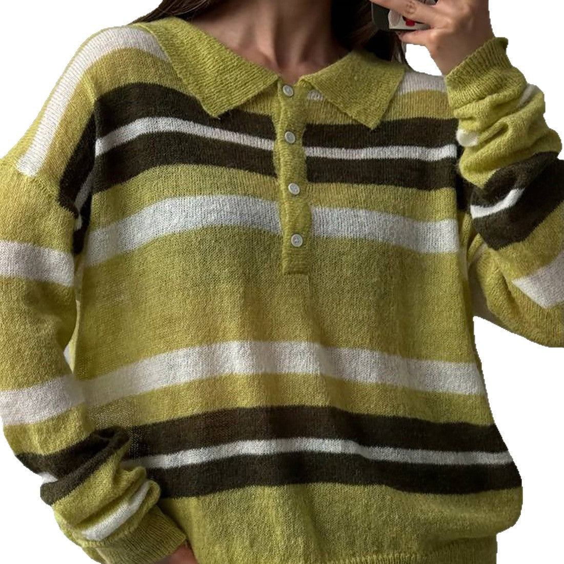 Damen Pullover Grob gestrickt Polo-Kragen Blockstreifen
