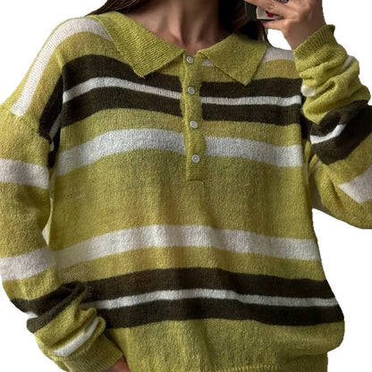 Damen Pullover Grob gestrickt Polo-Kragen Blockstreifen