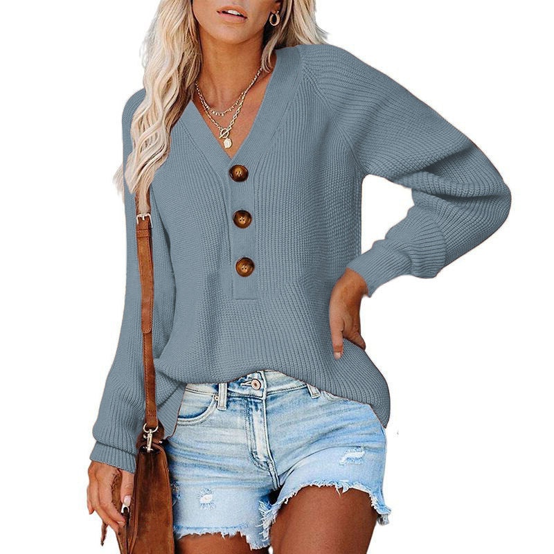 Damen Pullover V-Ausschnitt Holzknöpfe Eveloria