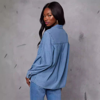 Damen Jeanshemd mit Brusttasche und modischen Akzenten Blau Eveloria