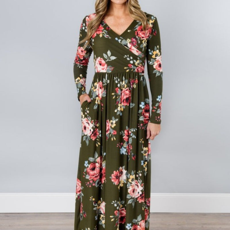 Damen Maxikleid Floral Wickeldesign Langer Ärmel