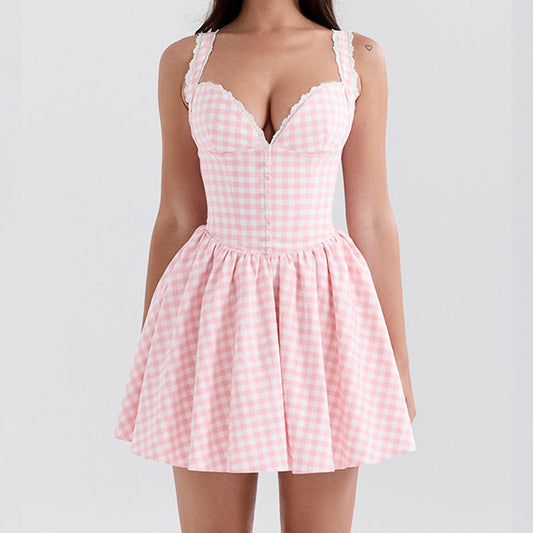 Damen Minikleid V-Schnitt Rüschen Karomuster Eveloria - Eveloria