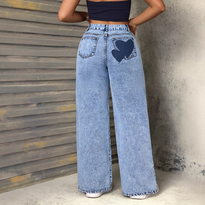 Damen Weite Jeans Herzen-Applikationen Eveloria