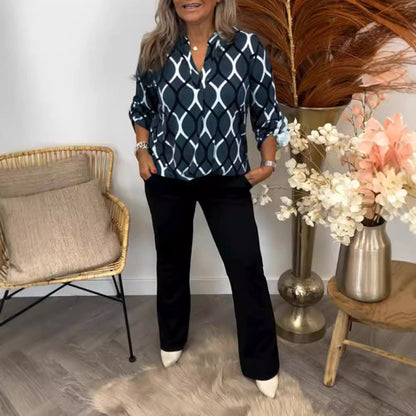 Damen Bluse Graphisches Muster Mit Taschen Eveloria