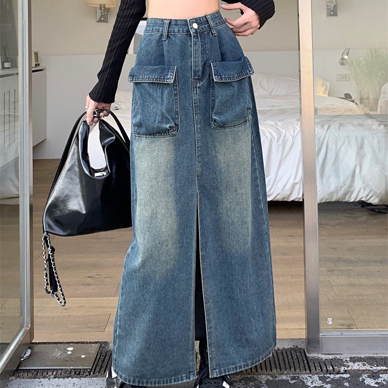 Damen Denimrock Lang Mit Taschen Blau Eveloria - Eveloria