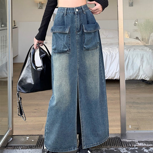 Damen Denimrock Lang Mit Taschen Blau Eveloria - Eveloria