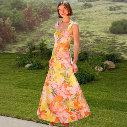 Damen Maxikleid Florale Blume Tailliert Spaghettiträger Eveloria