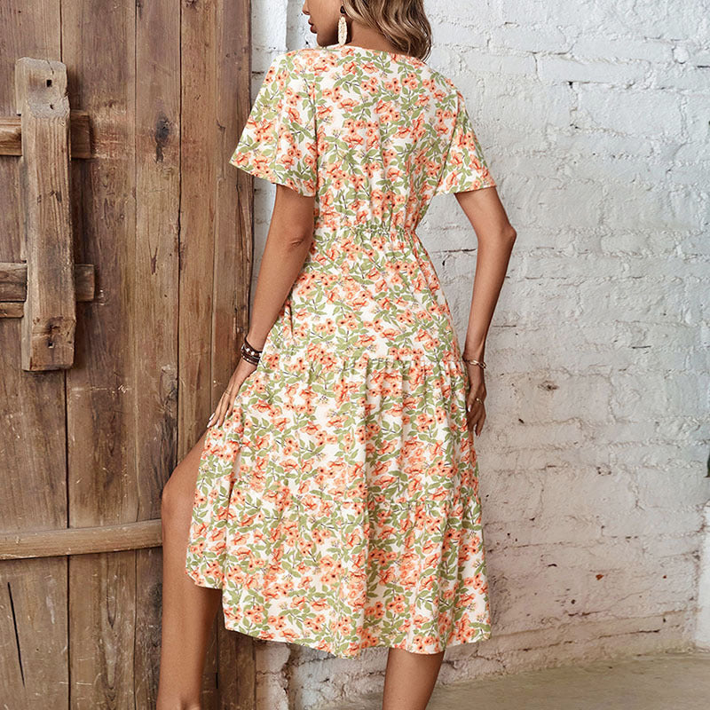 Damen Blumenkleid V-Ausschnitt Knopfleiste Eveloria