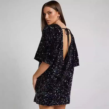 Damen Pailletten-Kleid Lockere Ärmel Rundhalsausschnitt