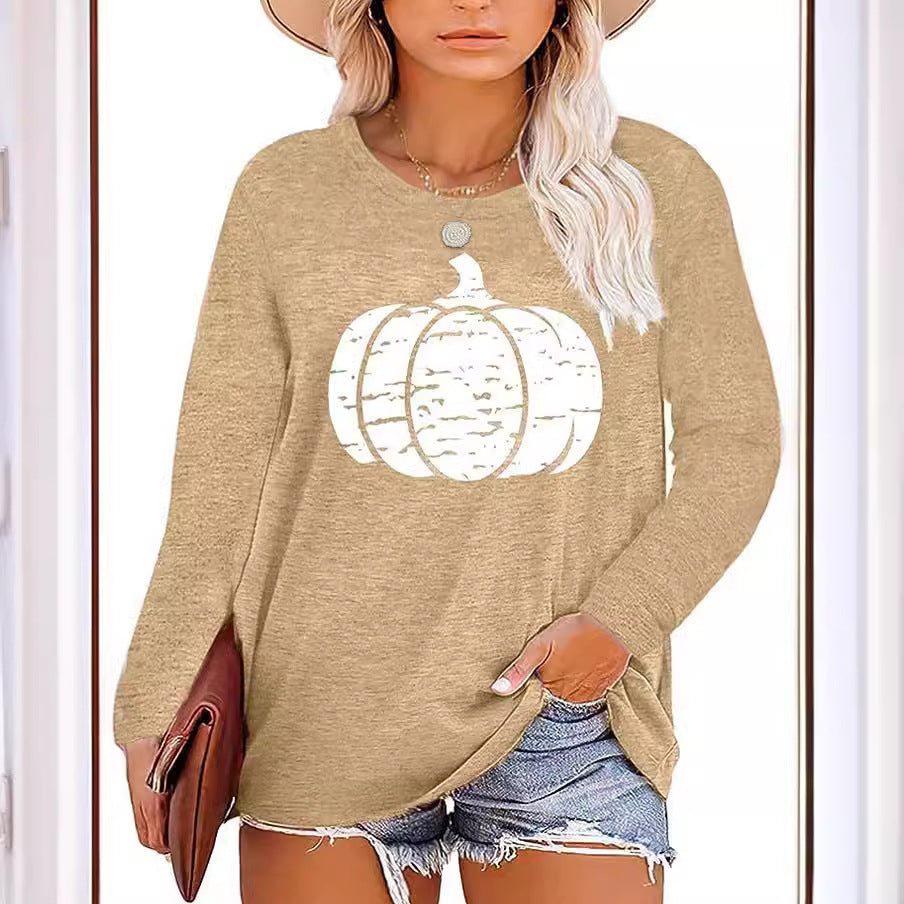 Damen Langarmshirt Kürbis-Motiv Eveloria Herbstlich Braun