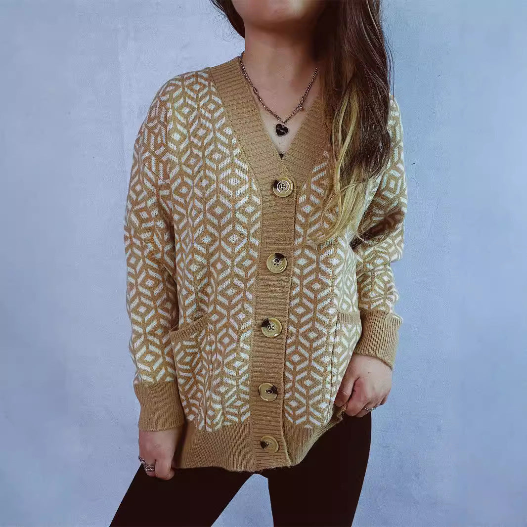 Damen Strickjacke geometrisches Muster Goldton