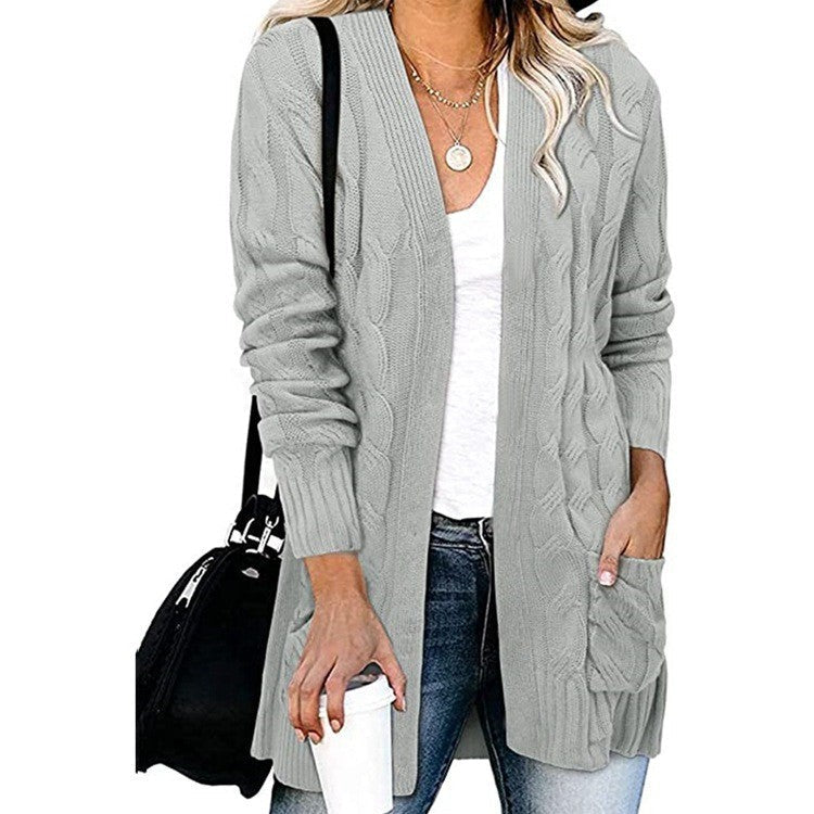 Damen Strickjacke Kabelmuster Offene Taschen Eveloria