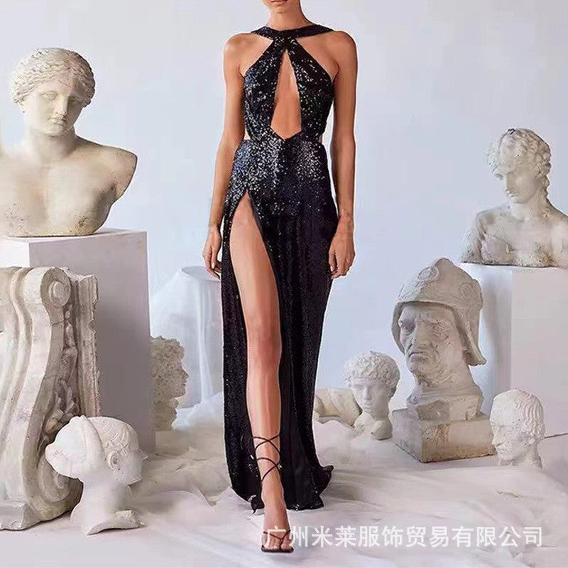 Damen Abendkleid Cut-Out Design Hochschlitz Schimmernd Eveloria
