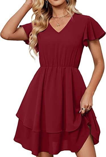 Damen Freizeitkleid Fließender Rock Rüschenärmel Eveloria