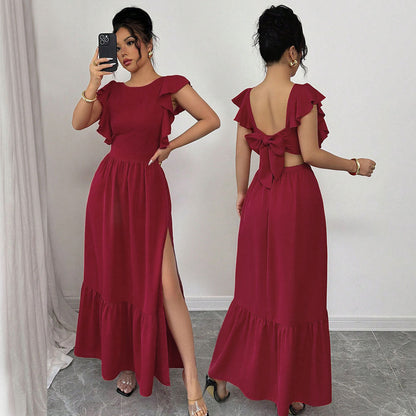 Damen Maxikleid Voluminöse Rüschen Rückenausschnitt Eveloria - Eveloria