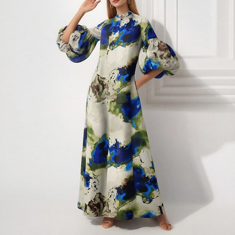 Damen Maxikleid Voluminöse Puffärmel Farbig Eveloria