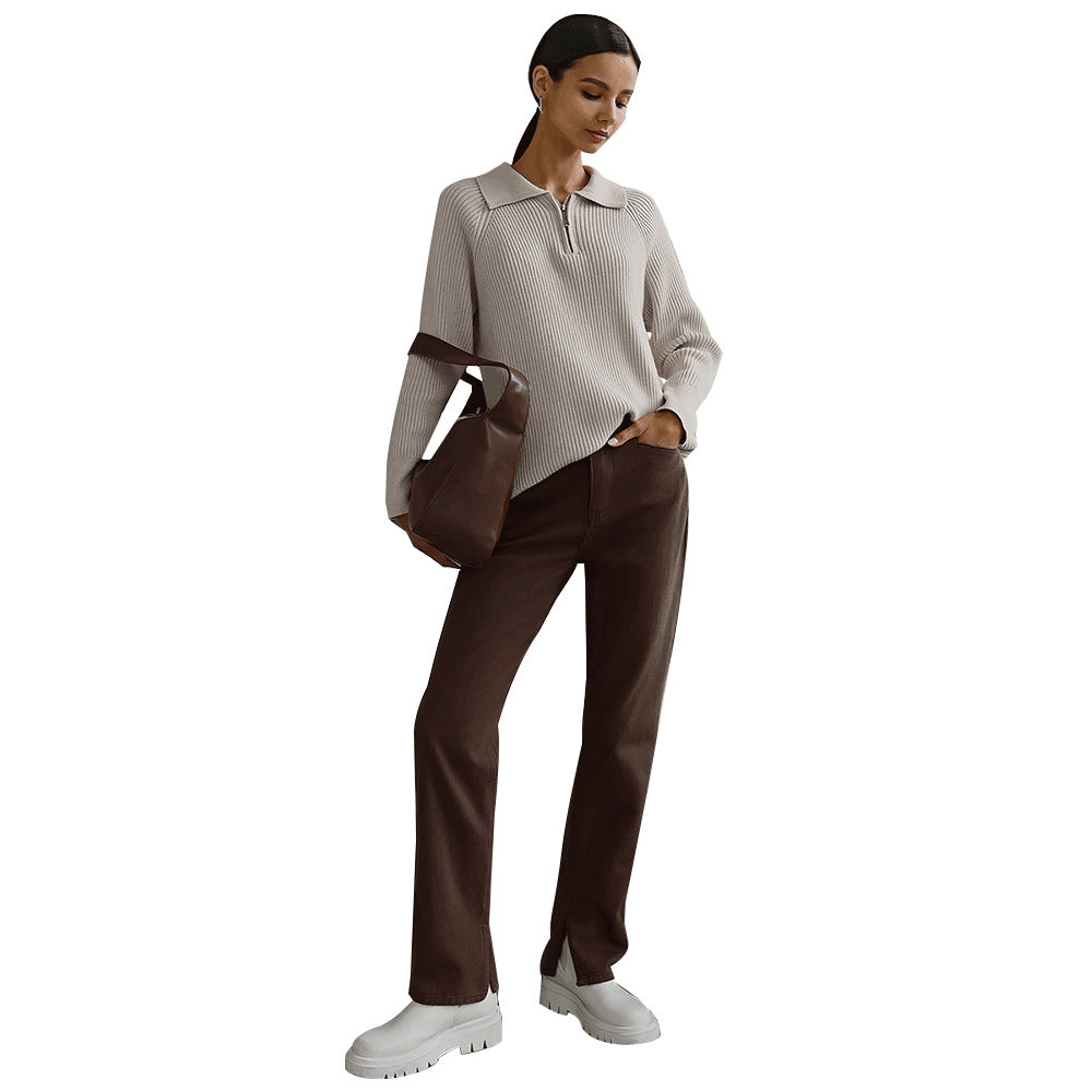 Damen Rippstrickpullover Weiches Baumwollmix Grau