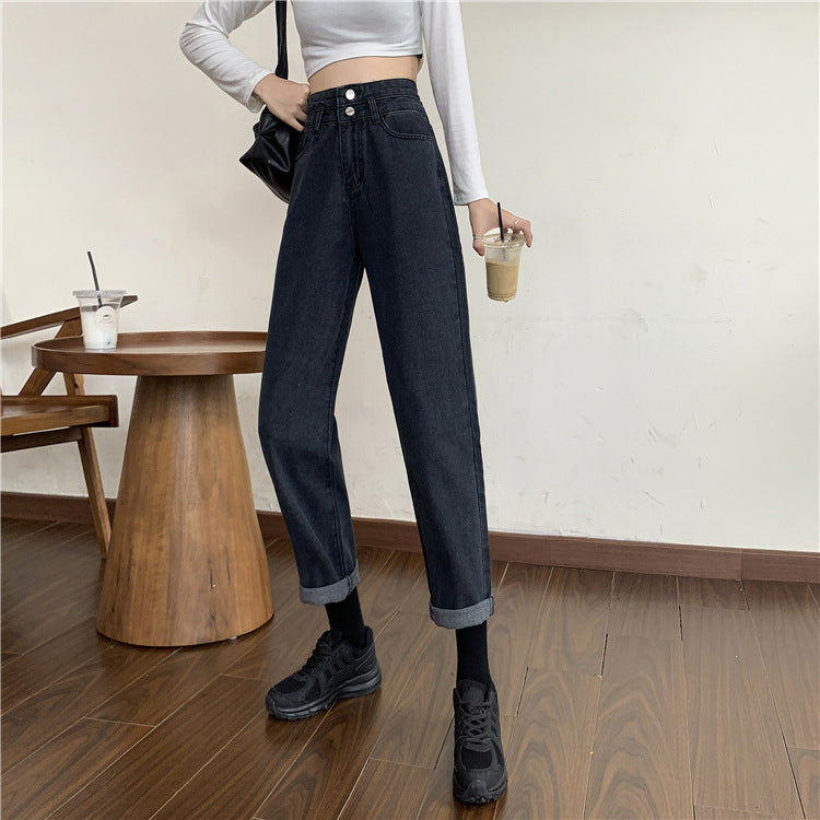 Damen Mom-Jeans Hochtaillierte Abnehmbare Säume Blau Eveloria