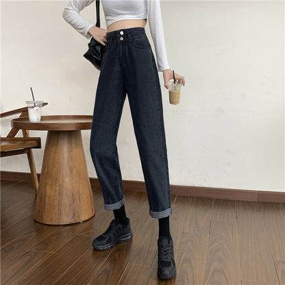 Damen Mom-Jeans Hochtaillierte Abnehmbare Säume Blau Eveloria