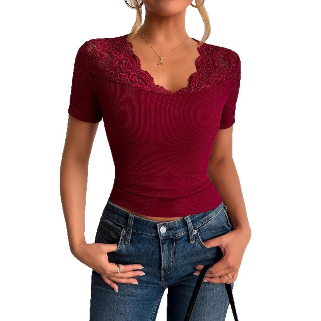 Eveloria Damen Bluse Mit Spitze Kurze Ärmel Spitzen Manschetten Weiß